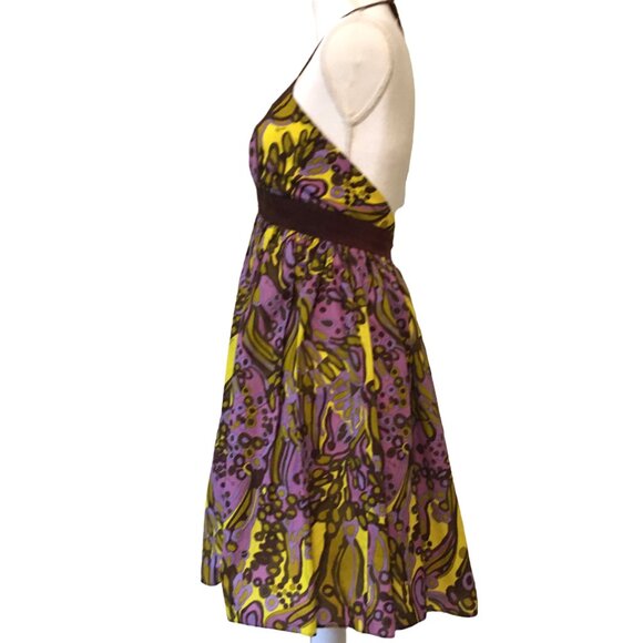 Milly of NY Halter Dress Silk Cotton Abstract Pleated Lined V-neck Women Size 4 - Picture 5 of 16